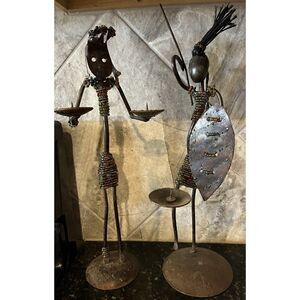 African Tribal Metal Art Candle Holders Set of 2 Colorful Beads Warrior Women